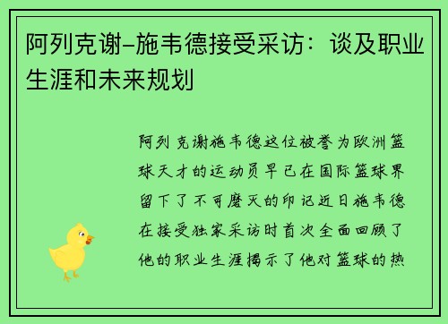 阿列克谢-施韦德接受采访：谈及职业生涯和未来规划